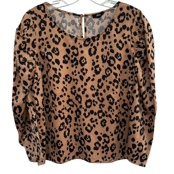 Lucca Leopard Print Satin Blouse Long Sleeve Top Women Sz Small Brown Black NWOT - Picture 1 of 10